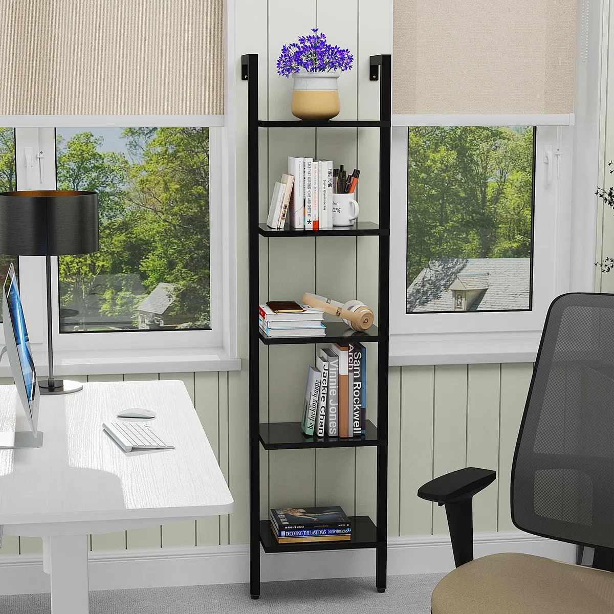 YMYNY Libreria, Scaffale a Scala, Contro Parete a 5 Ripiani, Scaffali Aperti per Casaper, Soggiorno, Ufficio, Cucina, Camera da Letto, 40 x 30 x 178CM, Industriale, Nero HBC015B
