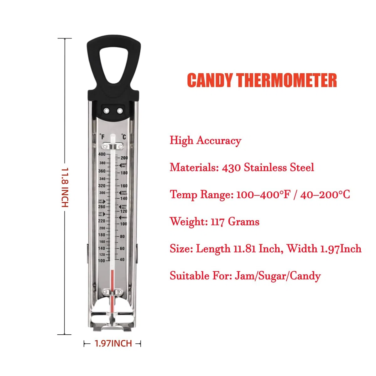 Termometro per caramelle, termometro, marmellata, zucchero, sciroppo, gelatina, con gancio e clip per pentola, in acciaio inox, termometro per alimenti, guida rapida alla temperatura, colore nero