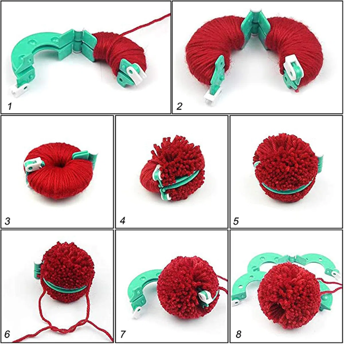 Strumento per creare pompon fai da te, per artigianato, decorazioni, regali, colori: rosa, blu, giallo, verde, 8 pezzi