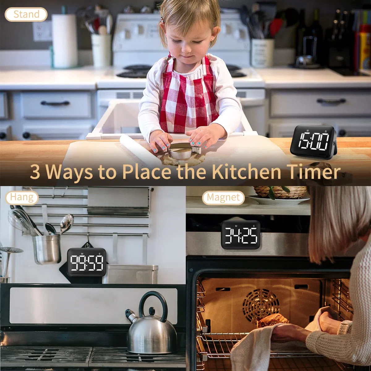 NOKLEAD Digitale Timer da Cucina: cronometro con conto alla rovescia magnetico con ampio display a LED, volume e luminosità regolabili, facile da usare per bambini anziani (batterie incluse) (nero)