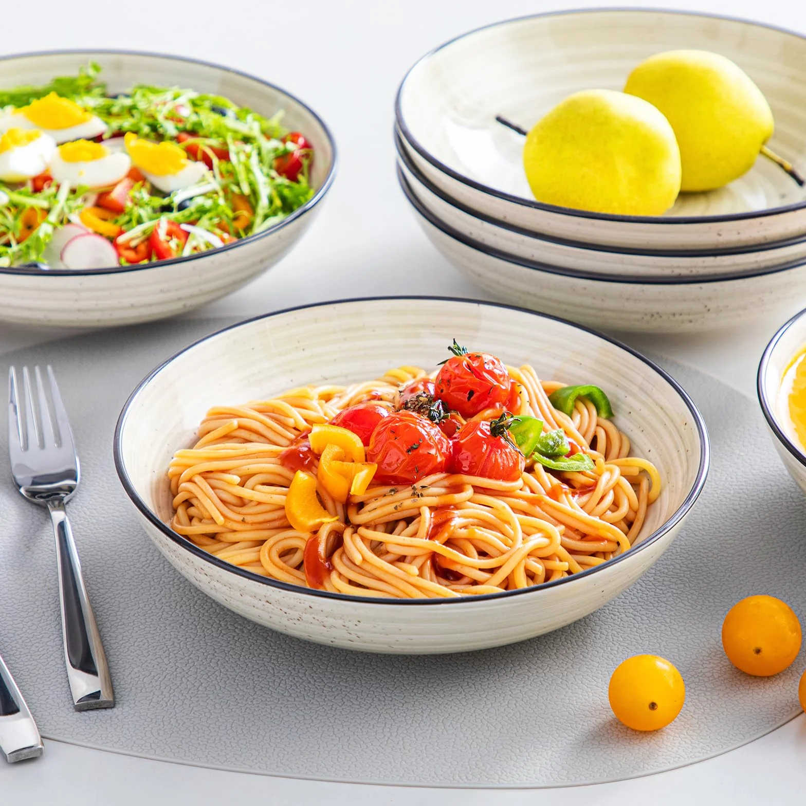 vancasso BONBON Ciotole per Pasta Set di 6, 21,7 x 5,5 cm Piatti Fondi in Gres, Piatti per Pasta, 38 oz Ciotole Grandi per Insalata, Adatti al Forno a Microonde e Lavastoviglie, Dipinto a Mano