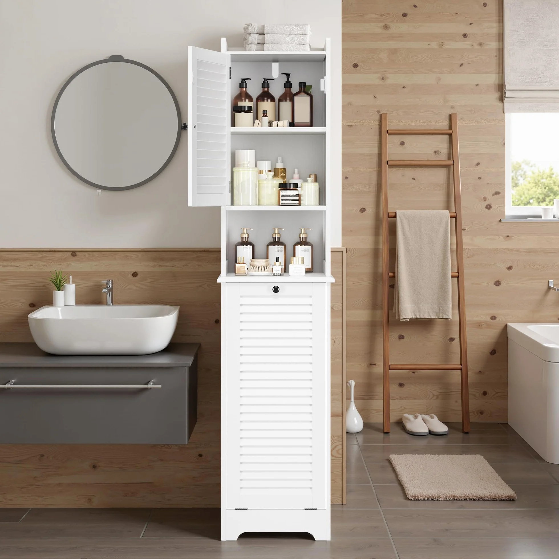Xbro Mobile Salvaspazio Alto da Bagno con 2 Ante a Lamelle, 3 Ripiani e Cesto Portabiancheria, Multiuso per Cucina, Soggiorno e Bagno, 40x37x170 cm, Bianco