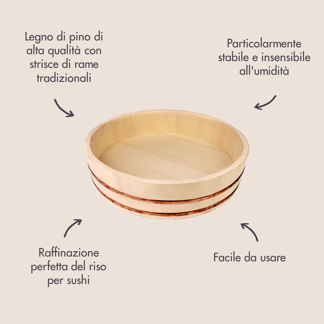 REISHUNGER Hangiri Ciotola in Legno principiante (Ø 60 cm) - Disponibile da 30 cm a 60 cm - Set in Legno per Riso Sushi