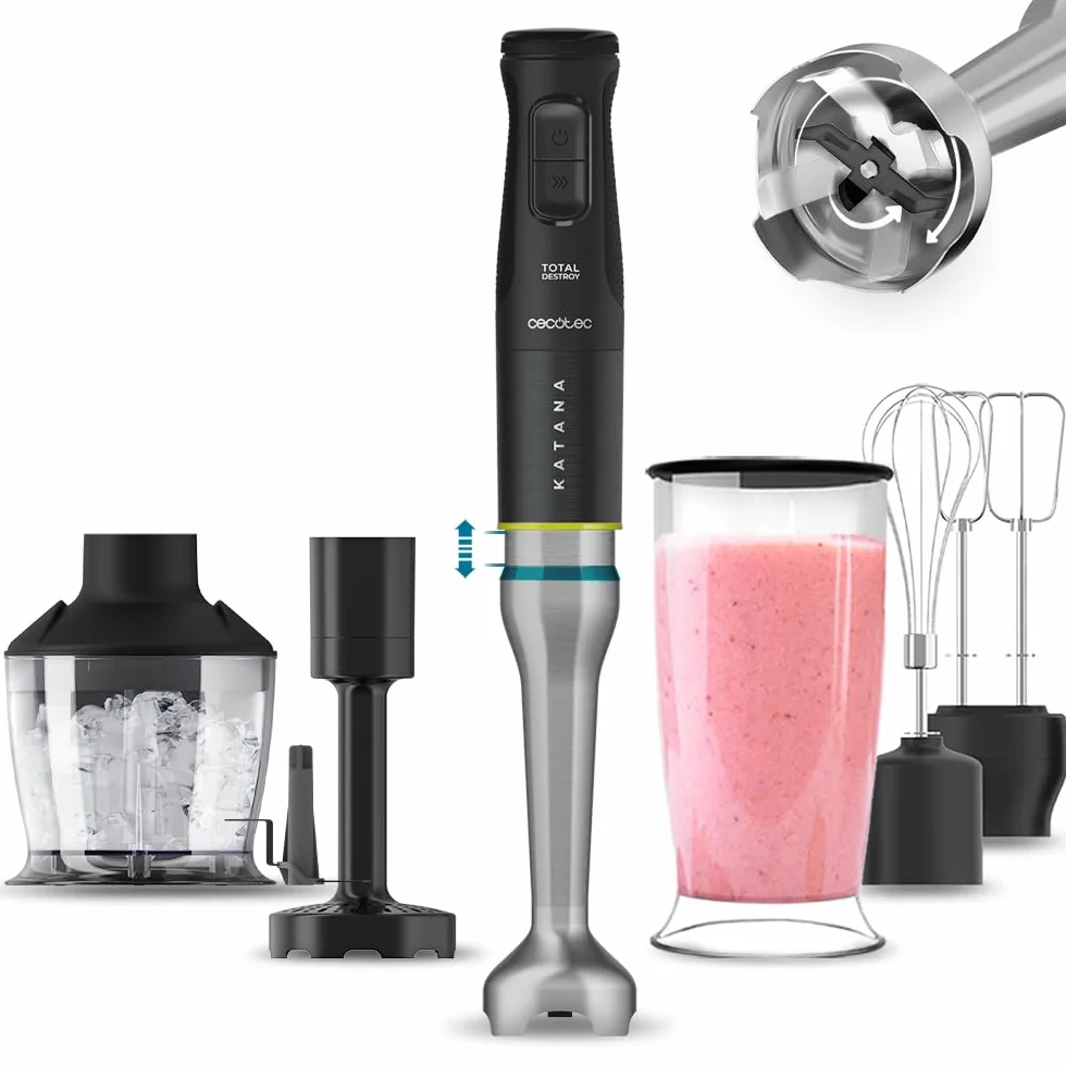 Cecotec Frullatore a immersione Katana 15 TotalDestroy Smash B. 1500W, Totale distruzione, Perreomove, 21 velocità, funzione turbo, campana antisalpaduras, 8 fogli di titanio, 800 ml