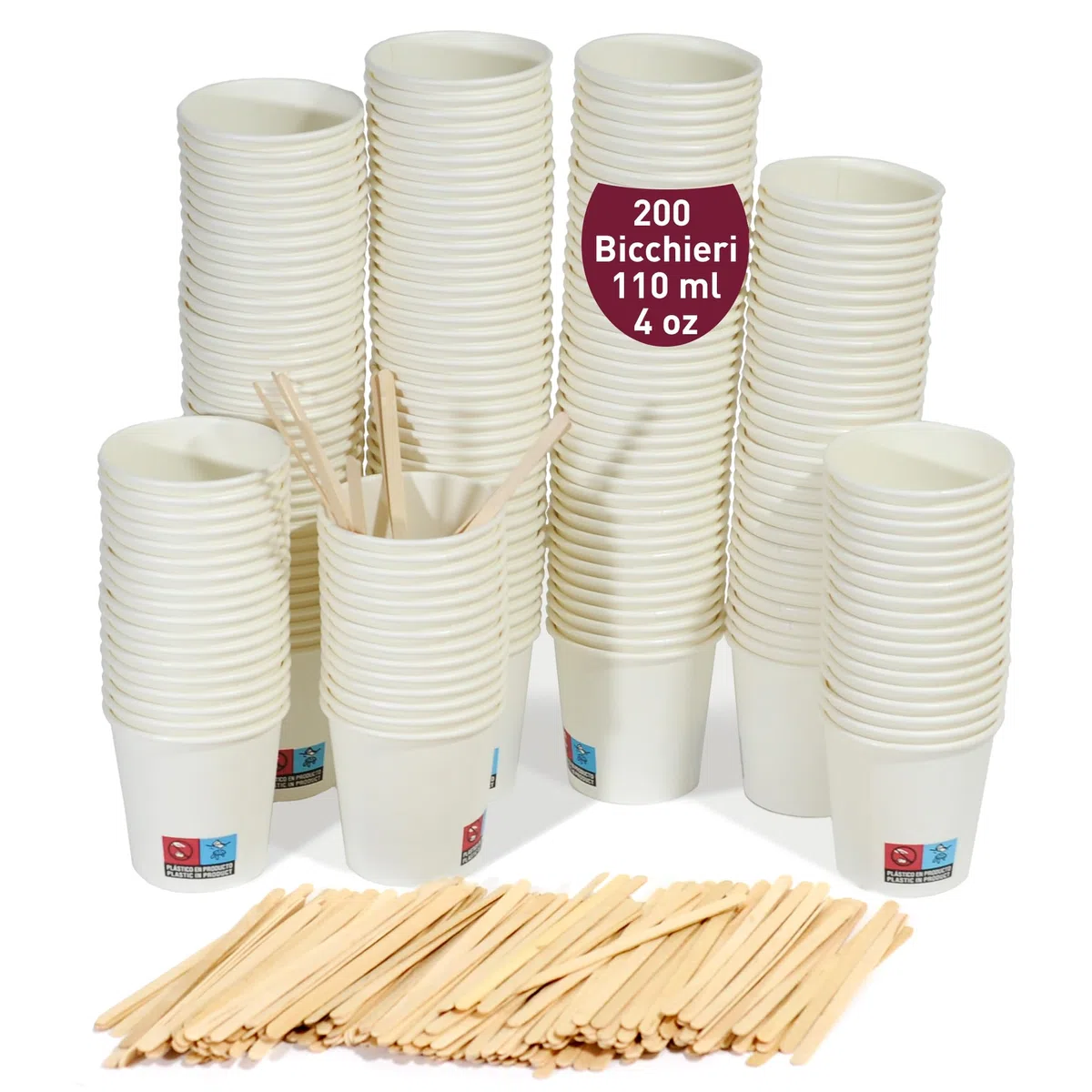 200 Bicchieri di Carta Bianchi Usa e Getta da 110 ml / 4 oz per Caffè con Stiracchiere in Legno, Resistenti, a Prova di Perdite e Senza Odori. Bicchieri di carta usa e getta.