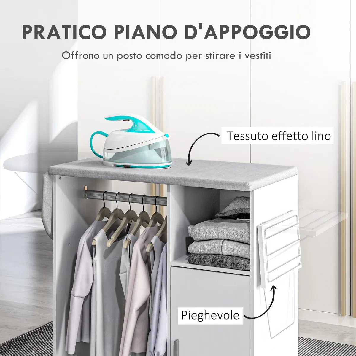 HOMCOM Mobile Asse da Stiro in Truciolato e Spugna con Piano d'Appoggio in Tessuto Effetto Lino, 3 Ripiani a Cubo e Guida per Appendere, per Lavanderia, Bagno, 127x42.5x99 cm, Bianco