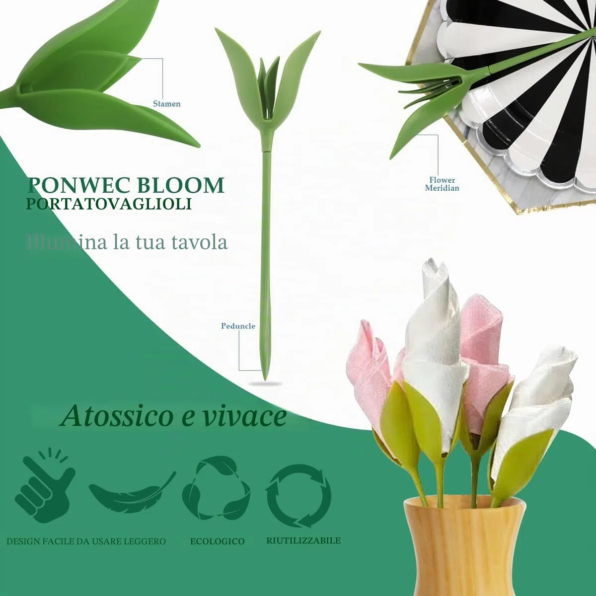 12 confezioni di portatovaglioli Bloom, anelli per tovaglioli verdi, porta tovaglioli a gambo di fiore intrecciato, set di 12 per la decorazione e gli allestimenti della tavola da cucina e di casa