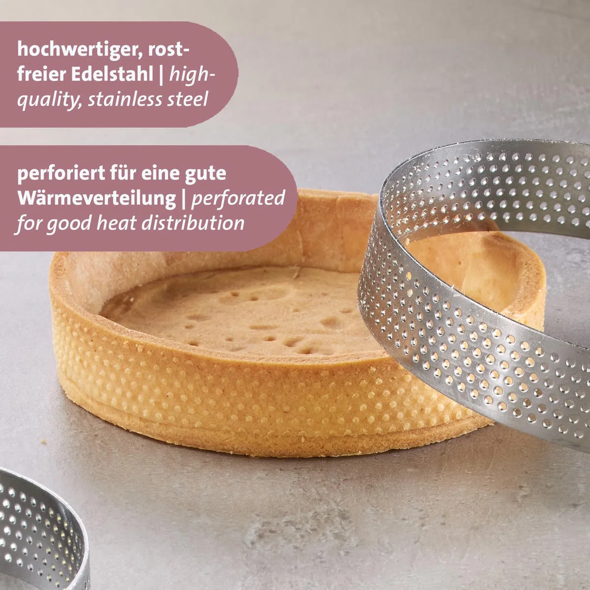 Westmark Stampi per Tartellette, 4 Pezzi – Forme perfette per tartellette e quiche – Risultato di cottura uniforme grazie alla perforazione – Argento, 4 x Ø 10 cm, Cerchio, Ø 10 cm, 4 pezzi
