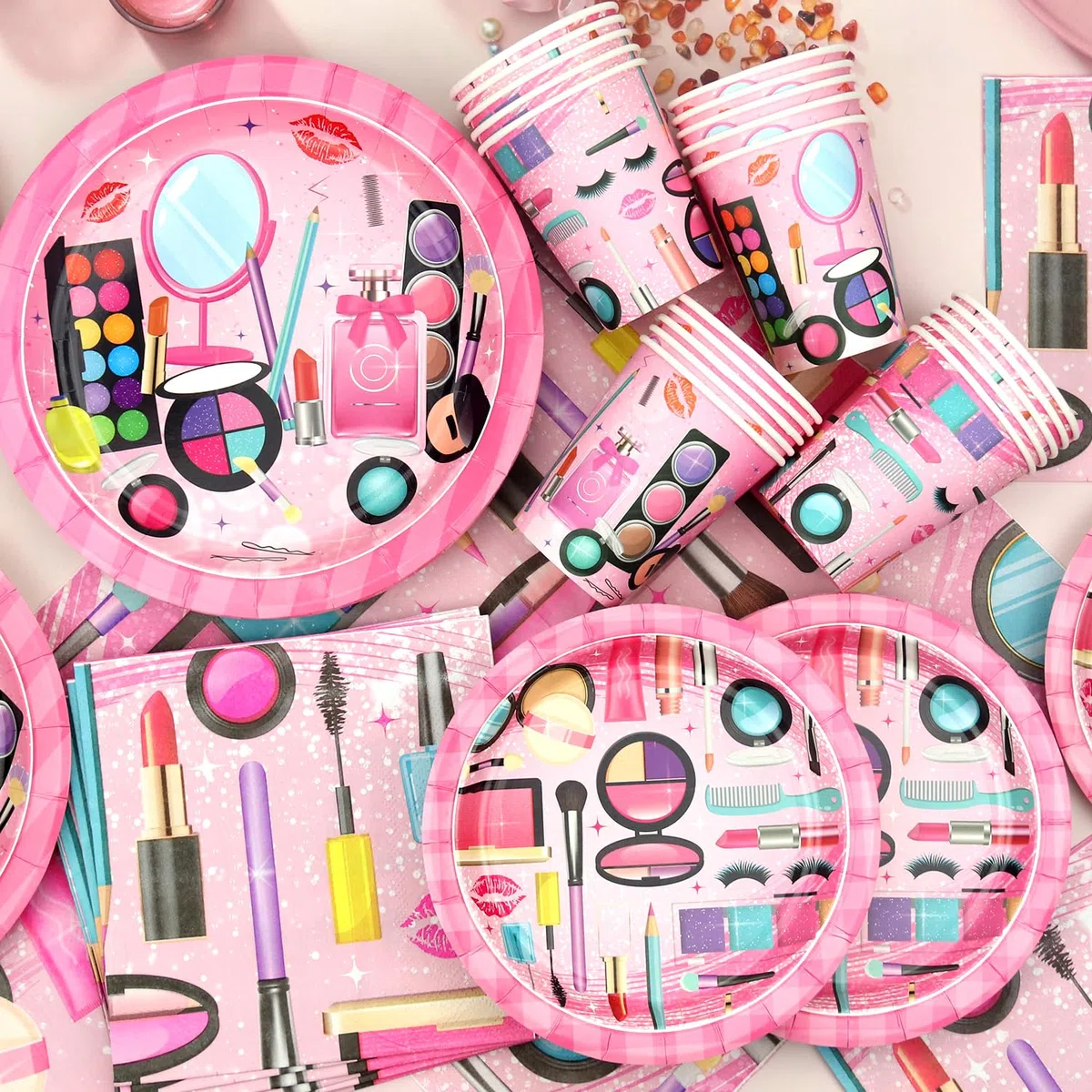 Forniture per feste termali, per 20 persone, stoviglie per feste a tema trucco – piatti da dessert, piatti, tazze, asciugamani, tovaglia da trucco spa per ragazze e donne, decorazione