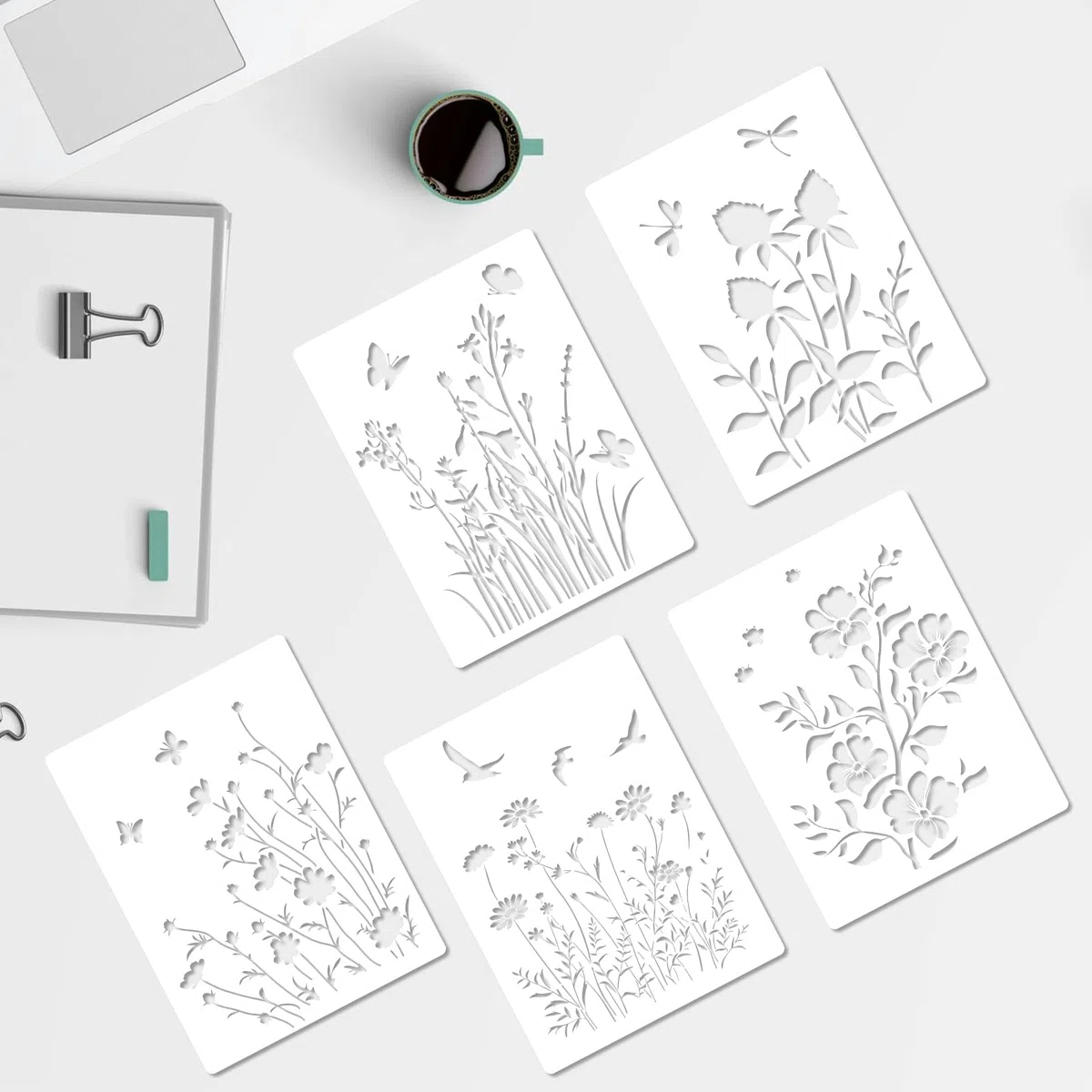 5pz Stencil Fiori Selvatici Grandi, Stencil Riutilizzabili di Foglie e Floreali Modelli Disegno Farfalle di Piante Vivaci per Dipingere su Tela Legno Artigianale Parete Fai Da Te (Stile A)