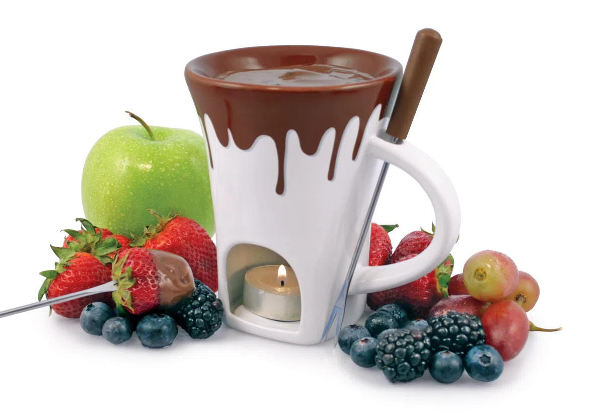Swissmar Nostalgia F12064 Set di 4 tazze per fonduta di cioccolato, ceramica/acciaio inossidabile, bianco/marrone, 120 ml, candela riscaldata, lavabile in lavastoviglie, confezione regalo