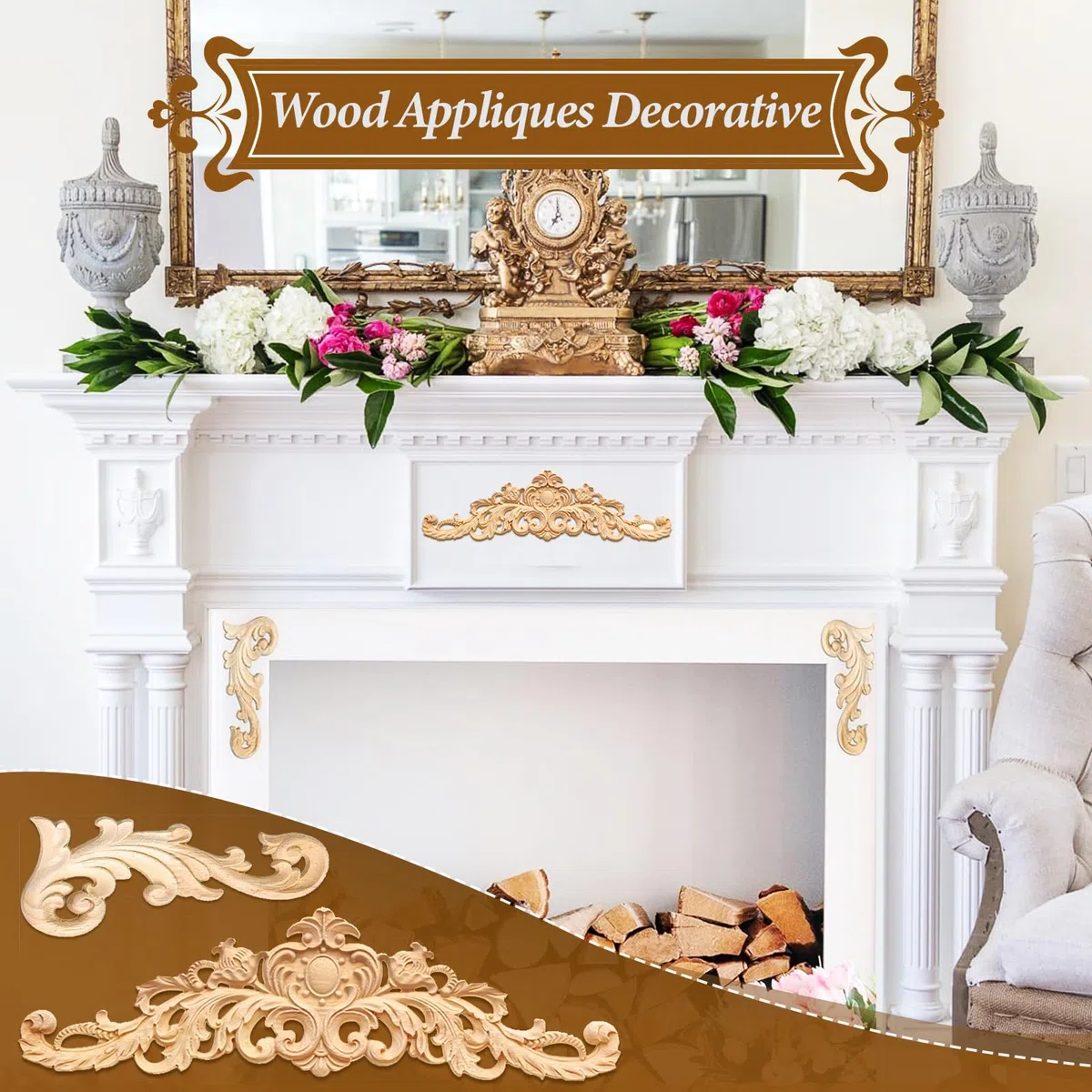 Fregi Legno Decorativi - 6 Pezzi, 4 Ornamenti d'Angolo, 2 Ornamenti in Legno per Pareti, Letto, Porta, Finestra