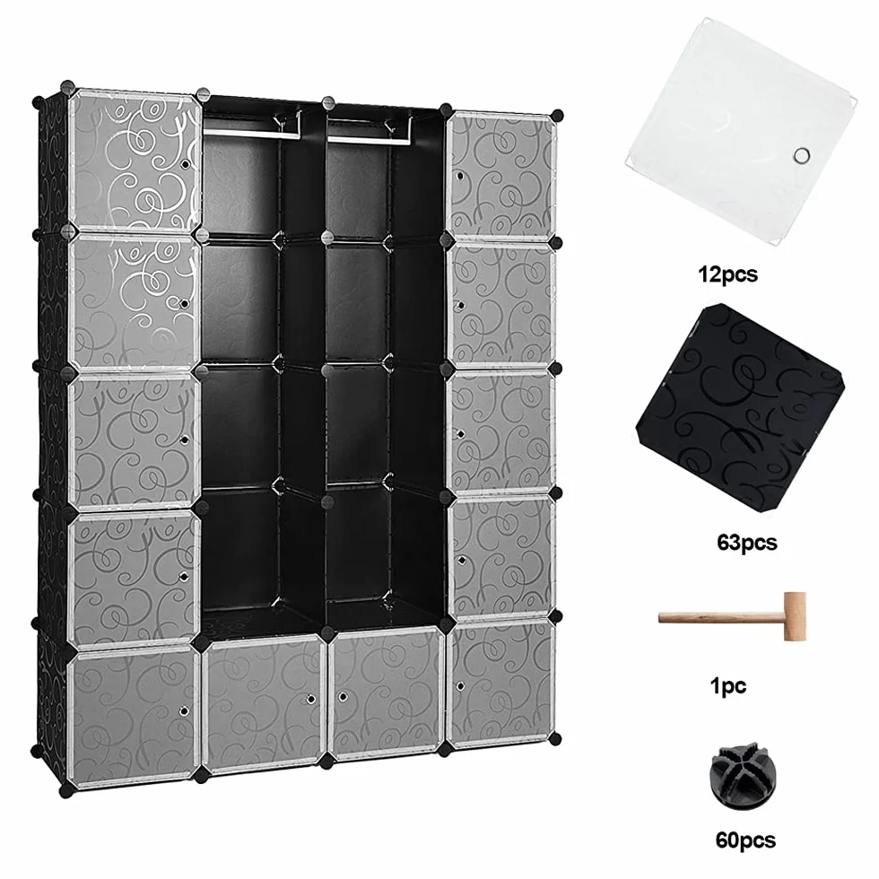 Eulenke Armadio a cubi in plastica: Sistema di 20 cubi resistenti, 2 asta per abiti, 12 porte e guardaroba. Capacità di 10 kg per cubo. Montaggio facile, accessori inclusi.