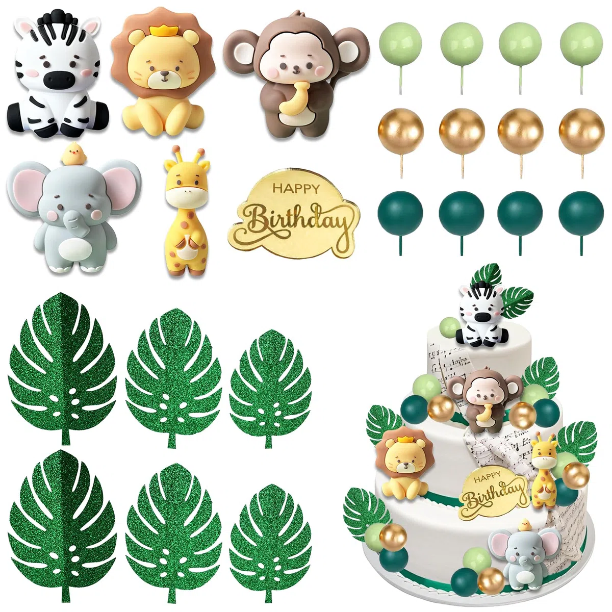 Decorazioni Torta Giungla Animali 27 Pezzi Palline Decorative Per Torte Cake Topper Safari Topper Torta Tema Bosco Decorazione Torte Foresta Foglie per Bambini Compleanno Feste
