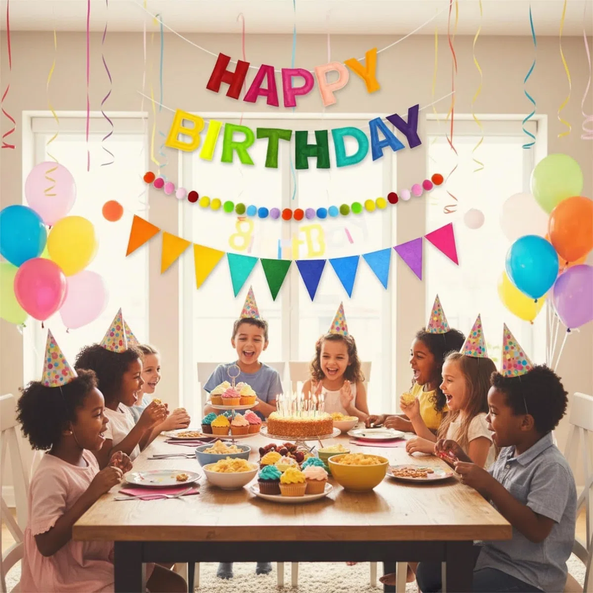 Happy Birthday Banner, Riutilizzabile Banderole Buon Compleanno, Arcobaleno Catena di Gagliardetti con Lettere e Palle di Feltro, Ghirlanda Preassemblata Decorazioni per Festa di Compleanno
