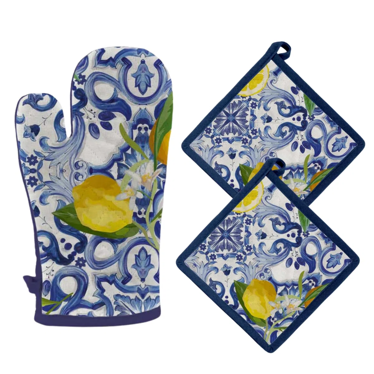 Set Presine da Cucina e Guanto da Forno in Cotone, Guanti da Cucina più 2 Presine con Fantasia Decorativa, Guanto forno 32x18 cm, Presina 20x20 cm