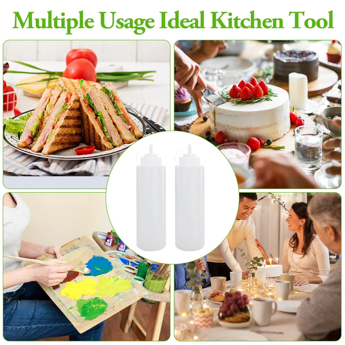 4 Pezzi Biberon Cucina Professionale 1000ml, Squeeze Bottle 32oz, Trasparente Biberon da Cucina, Ottiglia Squeeze di Plastica con 1 Pennello di Pulizia e 10 Adesivi per Ketchup Olio D'Oliva
