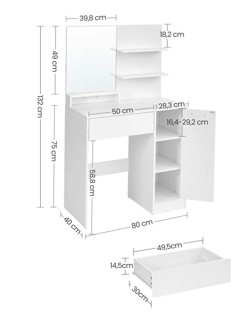 VASAGLE KAILYN Collezione - Toeletta, Tavolo da Trucco con Specchio Grande, Scomparto con 2 Ripiani Regolabili, 1 Cassetto, 2 Mensole, Postazione Trucco Moderna, Bianco RDT119W01