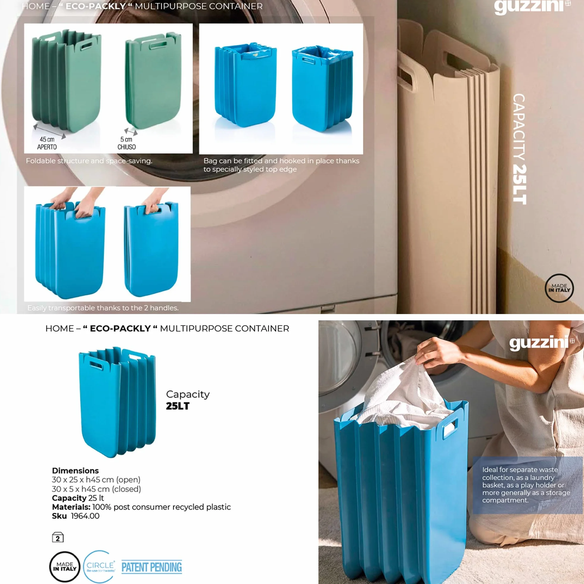 Set di 3 contenitori multiuso pieghevole da 25 litri c/uno (75 l totali), in plastica riciclata, 45 x 30 cm, colore