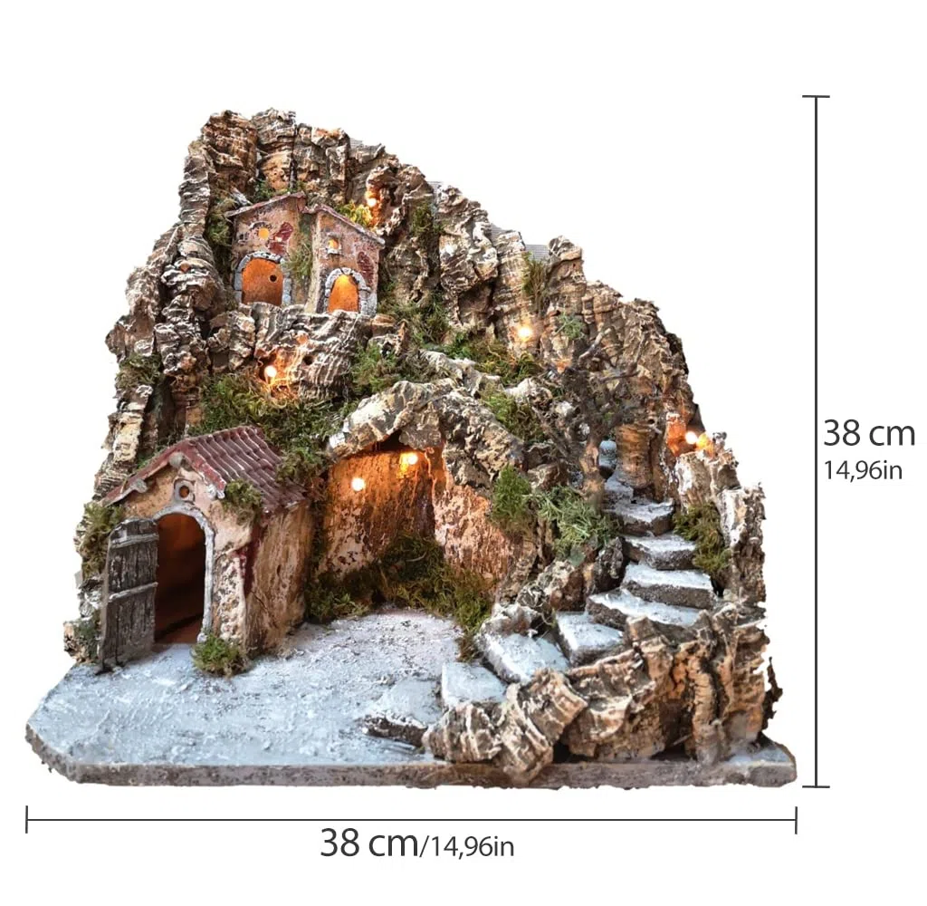 Presepe Completo illuminato natalizio con capanna e grotta per statuine artigianali, 38x38x38 cm
