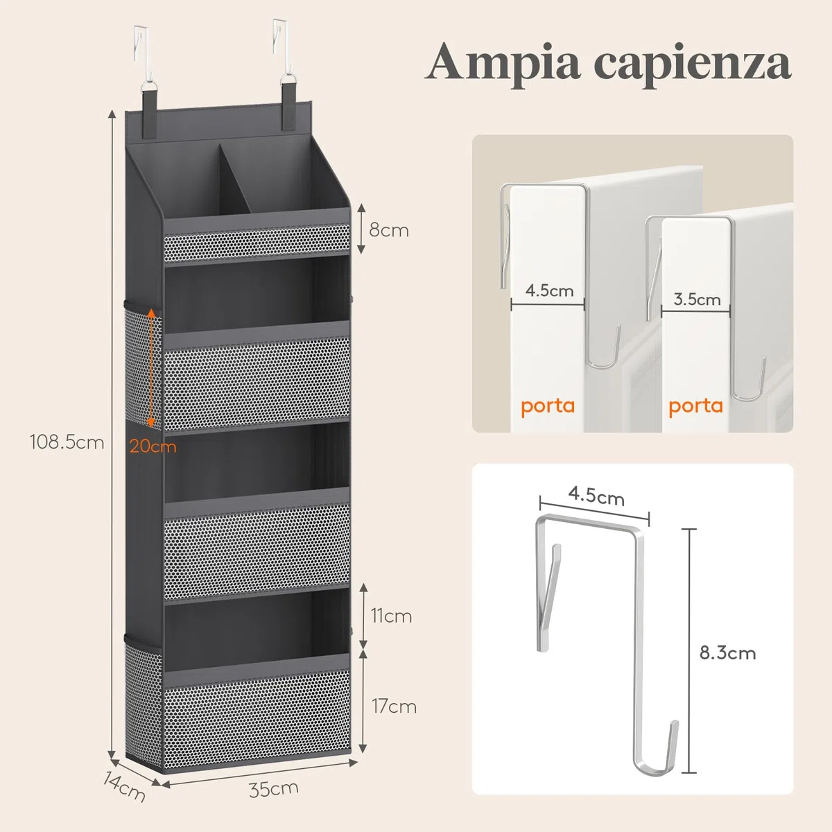 Lifewit Porta Oggetti da Appendere con 4 Ripiani e 4 Tasche Laterali, Organizer Bagno da Appendere per Camera da letto, Bagno, Giocattoli, Vestiti, Grigio