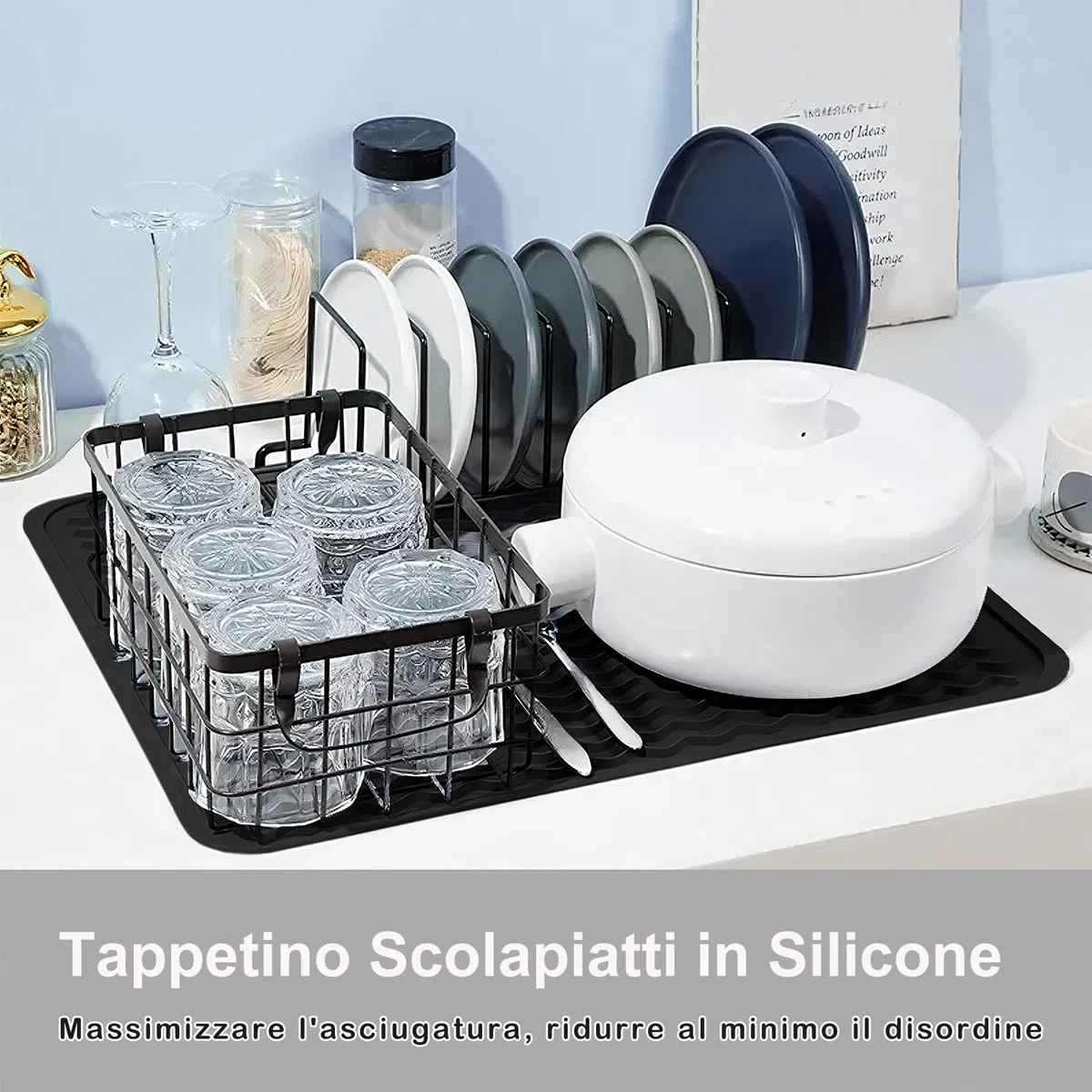 Tappetino Scolapiatti in Silicone 40x50cm Nero, Resistente al Calore, Pieghevole, Antiscivolo per Piano Cucina