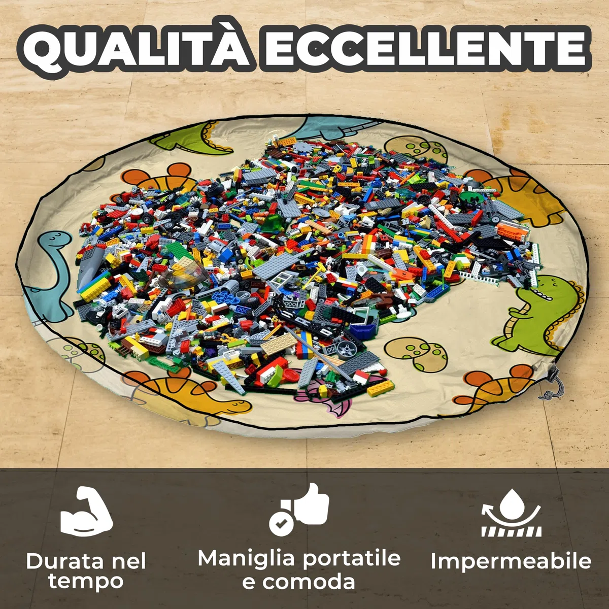 Grande borsa di stoccaggio per giocattoli | Tappeto da gioco pieghevole | Borsa dinosauro con cordoncino | Idee per l'organizzazione