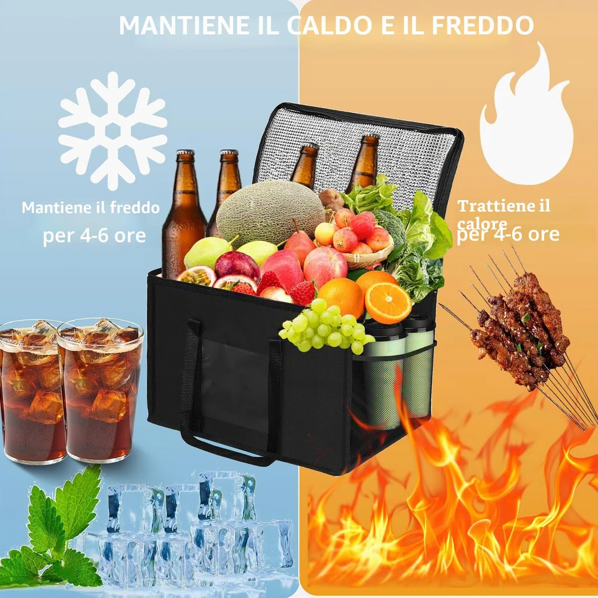 Borsa Frigo 50 Litri, Borsa Termica Grande, Pieghevole Borsa Termica per Auto per Barbecue All'aperto, Campeggio, Picnic, Shopping, 45X31X36 cm