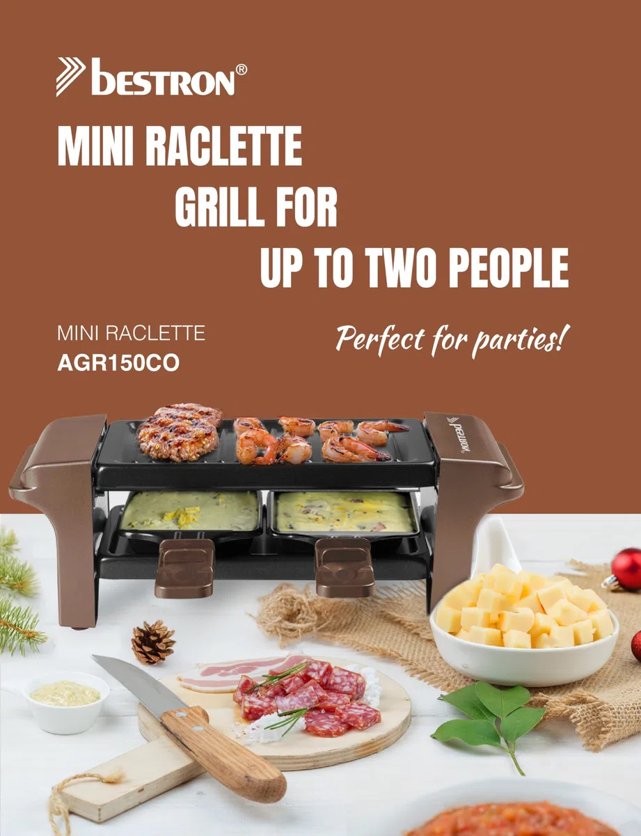 Bestron Mini Raclette per 1-2 Persone, Mini griglia da tavolo con 2 padelline e 2 spatole in legno, Piastra per Raclette con 350 watt, Colore: Rame