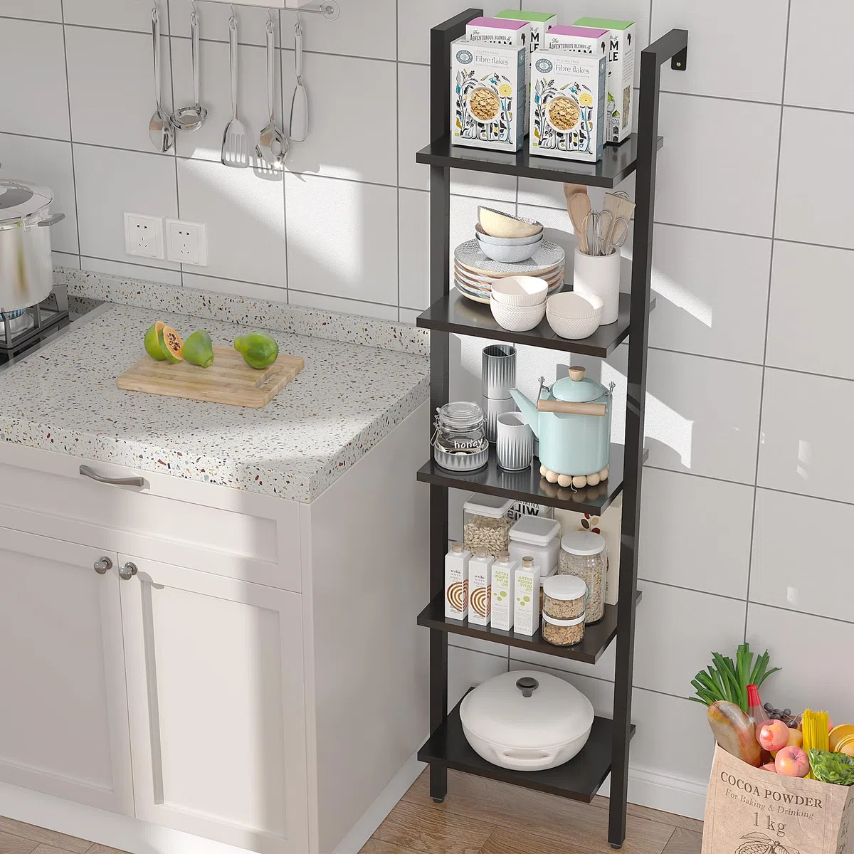 YMYNY Libreria, Scaffale a Scala, Contro Parete a 5 Ripiani, Scaffali Aperti per Casaper, Soggiorno, Ufficio, Cucina, Camera da Letto, 40 x 30 x 178CM, Industriale, Nero HBC015B