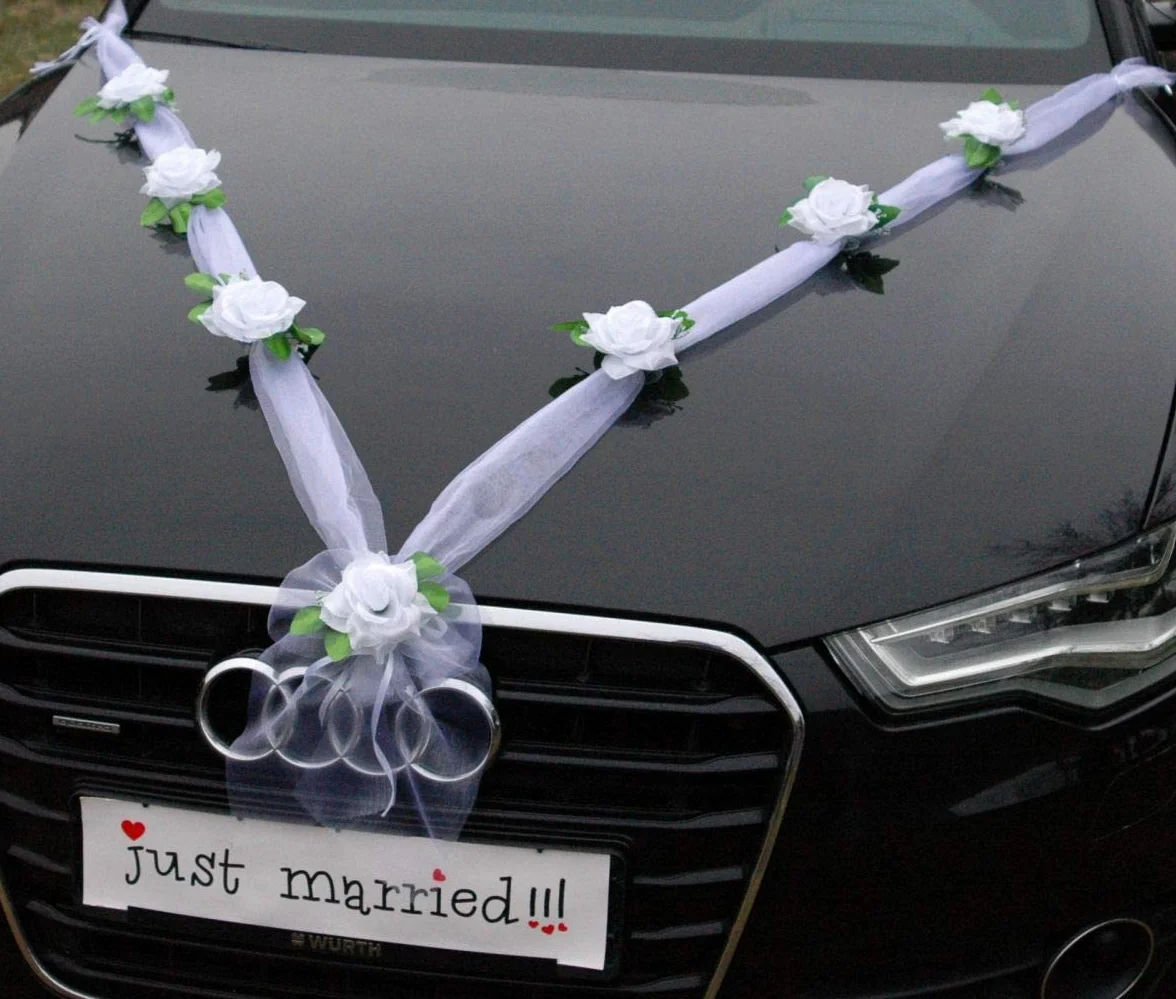 Organza M Auto Gioielli Sposa Coppia Rose Decorazione Organza M Matrimonio Car Wedding Decorazione Ghirlanda Auto (Bianco Puro/Bianco)