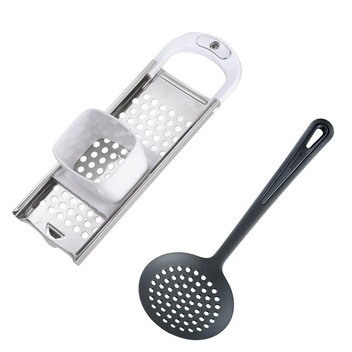 Westmark Set per Spätzle, 2 Pezzi, Taglia Spätzle con Inserto Scorrevole, Knöpfle, + 1 Mestolo, Gentle, Acciaio Inox/ABS/PA, Bianco/Argento/Nero, 611222E6