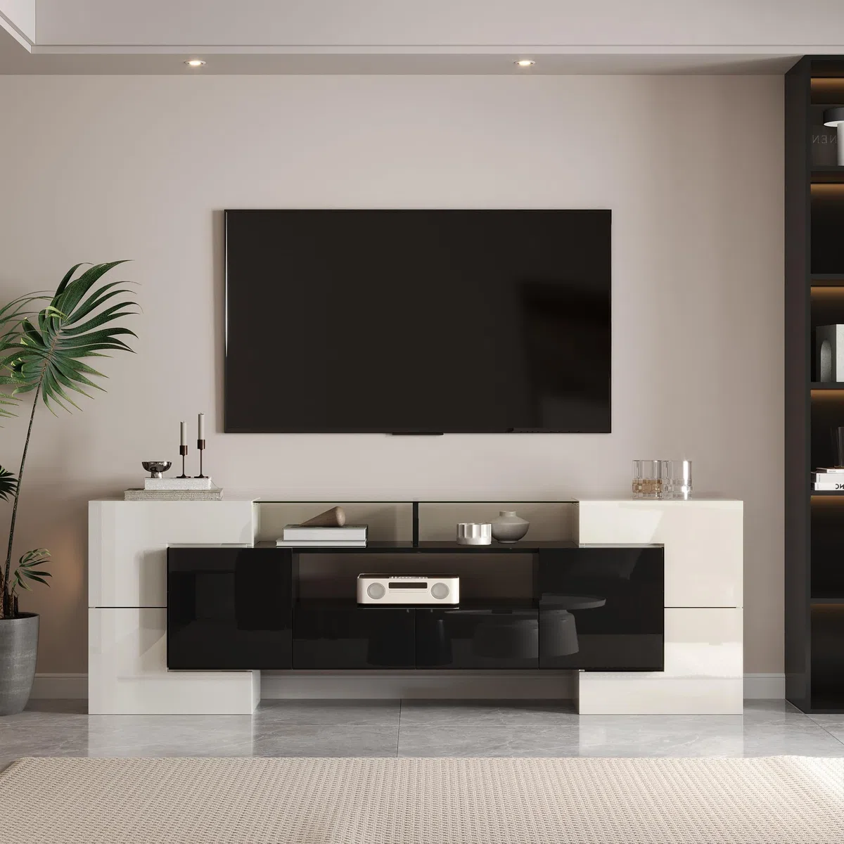 Lowboard per TV moderna, larghezza 200 cm, bianco lucido e grigio, con illuminazione LED RGB, 6 ante e 2 cassetti, armadietto multimediale (bianco+nero + MDF)