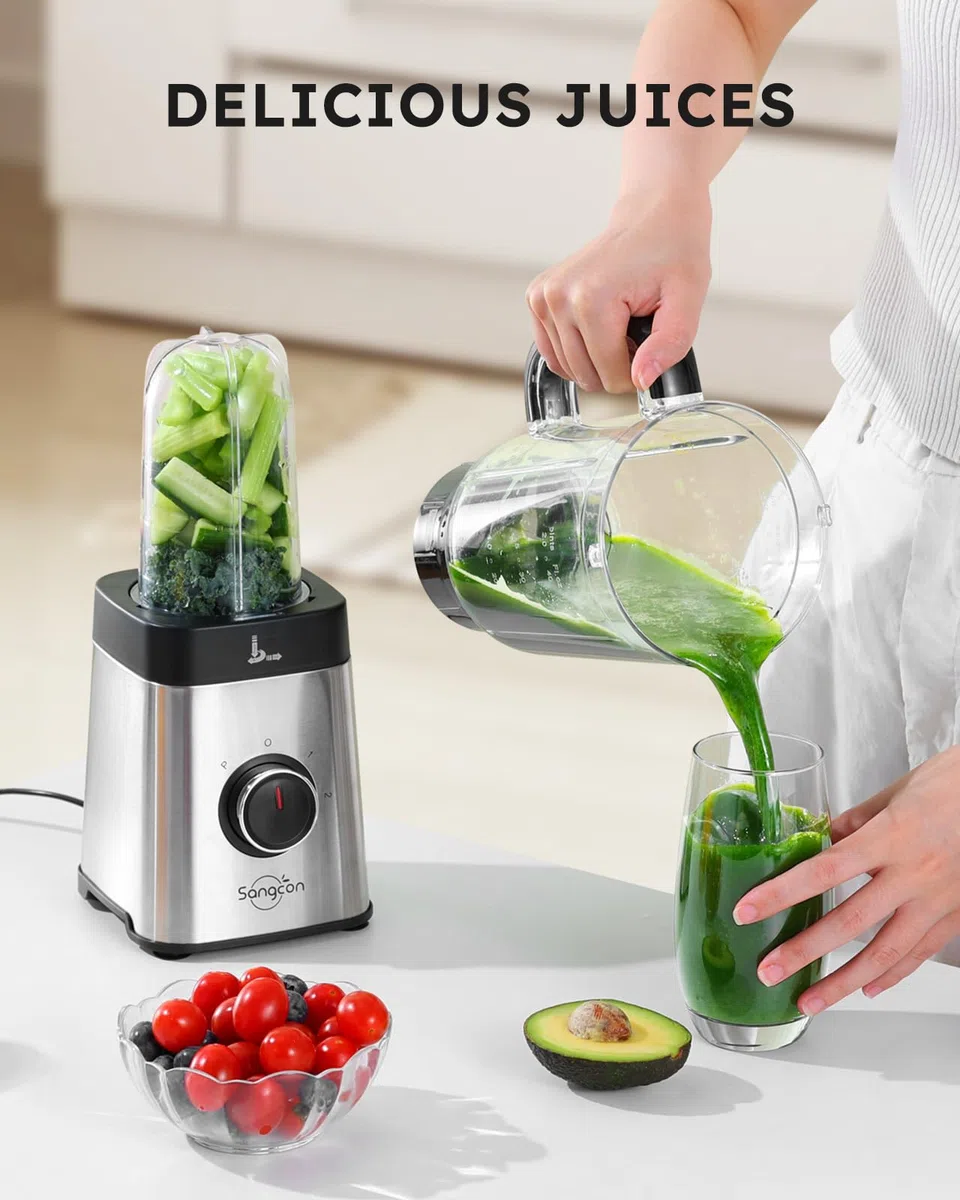 Sangcon Frullatori da Cucina e Robot da Cucina Combo, Frullatore 5 in 1 per Frullati e Carne Macinata, Controllo a 3 Velocità con Impulsi 500 W, con coperchio TO-Go, per Ghiaccio, Frutta, Carne