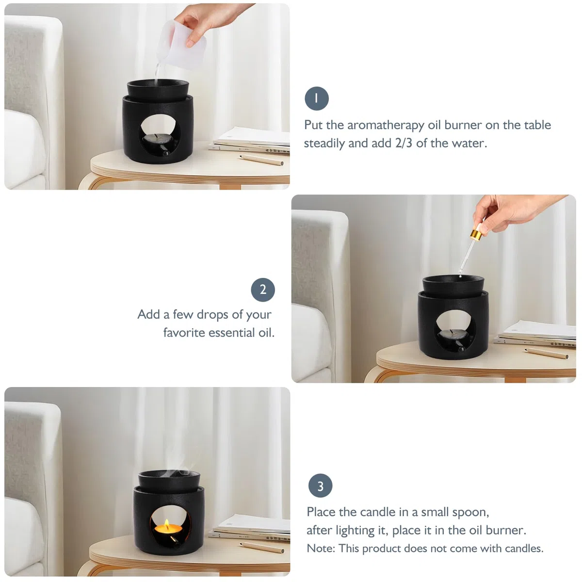 WD&CD Bruciatore di Oli Essenziali, Brucia Essenze Ceramica Bruciatori per oli Essenziali Aroma Lamp Porcellana Portacandele Decorazione per Casa Camera da Letto/Decorazione, Nero