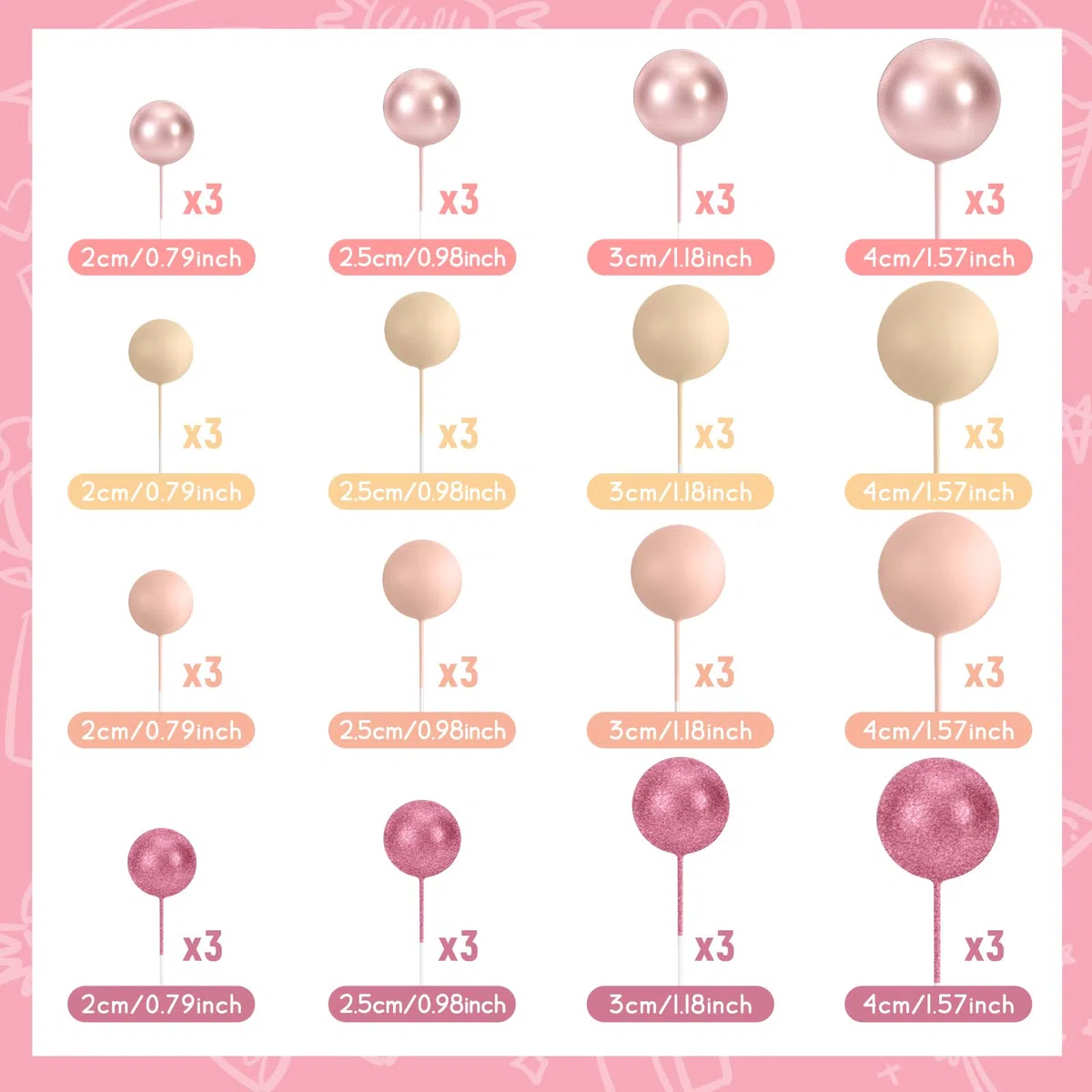 48 Pz Palline Cake Topper Decorazioni Schiuma Cupcake Topper Palline Decorazioni per Torta Compleanno per Feste di Compleanno Anniversario (Rosa Glitter, Oro Rosa, Marrone Chiaro, Albicocca)