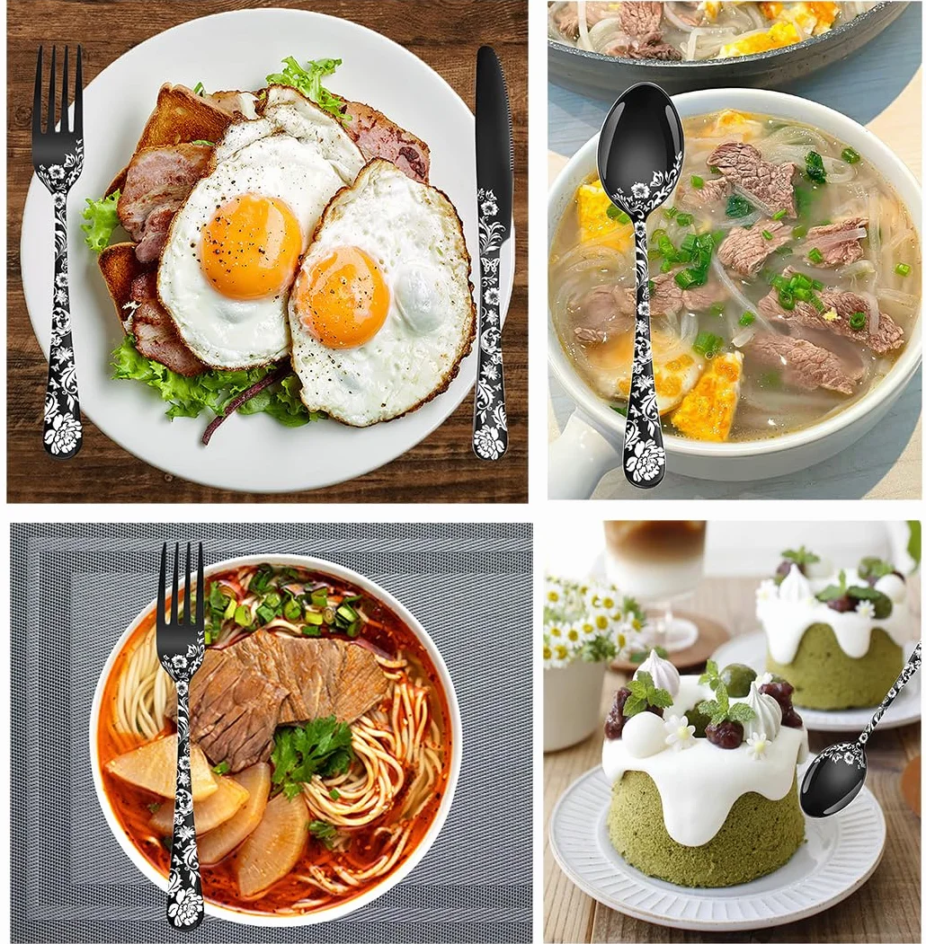 XIAOYU Set di posate da 48 pezzi con coltelli da bistecca, set di posate in acciaio inossidabile per 8 persone, set di coltelli forchette cucchiai con laser unico a forma di fiore di peonia