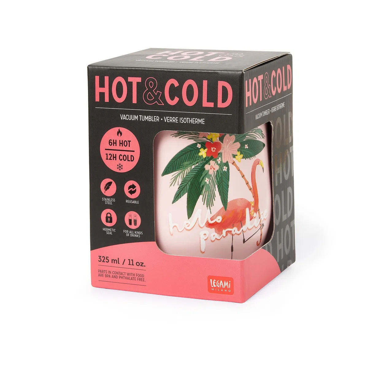 Legami - Bicchiere Termico 325 Ml, Hot&Cold, Ø 9 cm, in Acciaio Inox a doppio Strato e Plastica, Tema Flamingo, Riutilizzabile, Tappo Ermetico con Foro per Cannuccia, Leggero, Resistente