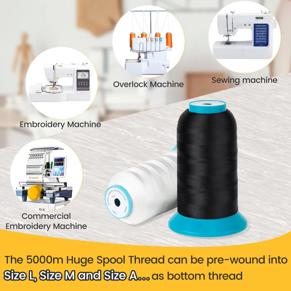 New brothread Set di 2 (Nero+Bianco) 5000M Grande Bobina Filo della bobina/Filato per Spolette per Ricamo e Cucire