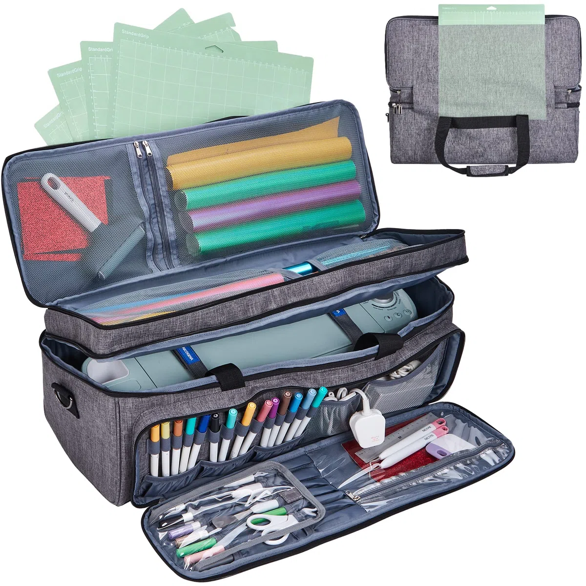 Custodia da trasporto a doppio strato con tasca per tappetino per Cricut Explore Air 2, Cricut Maker, Cricut Maker 3, Cricut Explore 3, multi grandi tasche frontali per attrezzi, accessori e