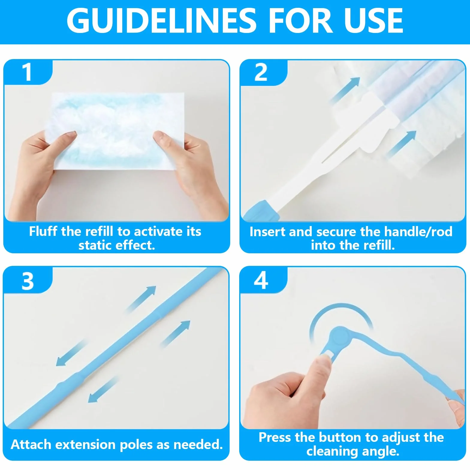 52 Pezzi Ricariche Duster, Compatibile con Swiffer & Altri Piumini, Panni in Microfibra, 50 Panni, 2 Manici, per Pulire Polvere, Peli di Animali e Sporco (Blu)
