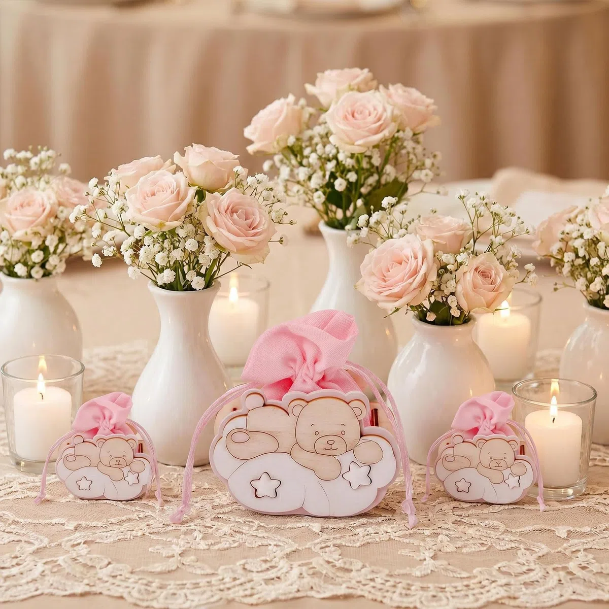 Sacchetto Sacchettini Sacchetti per Confetti Bomboniere Battesimo Bambina Ragazzo Portaconfetti Comunione 12 Pieces (Rosa Pastello, Orsetto Sulle Nuvole)