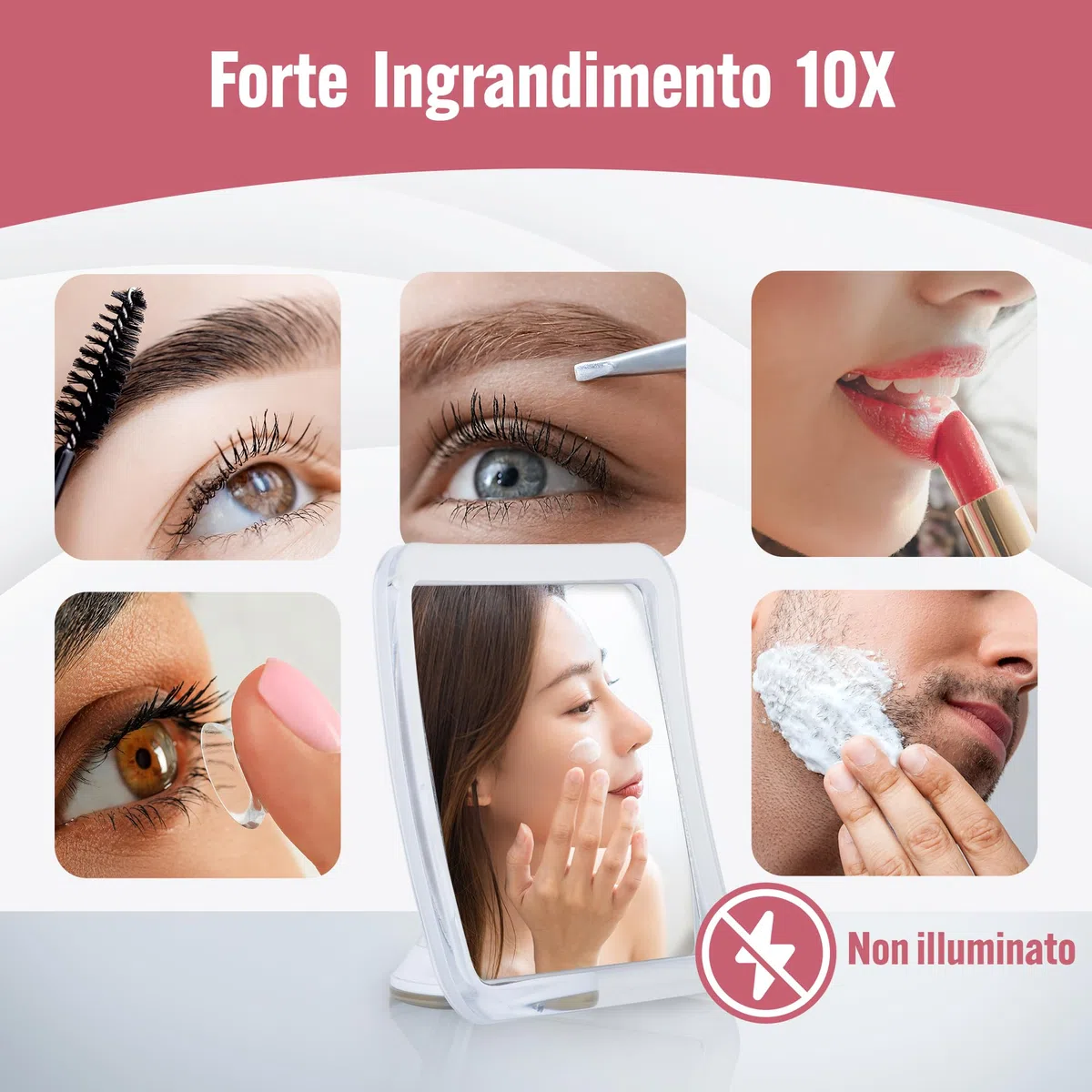 Mirrorvana Specchio ingranditore 10X per trucco con ventosa - specchio per ingrandimento portatile per truccarsi senza luce, magnifying makeup mirror - 16cm x 16cm (Quadrato)