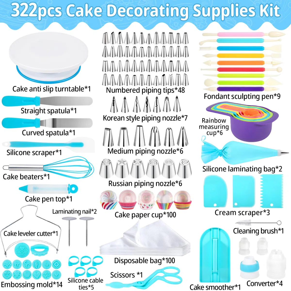 ROELLY Kit Pasticceria Professionale da 322 Pezzi, Utensili da Forno Piatto Girevole per Torte, Set Pasticceria, con Vari Stili di Beccucci sac a Poche, Impara a Cuocere e Preparare Torte
