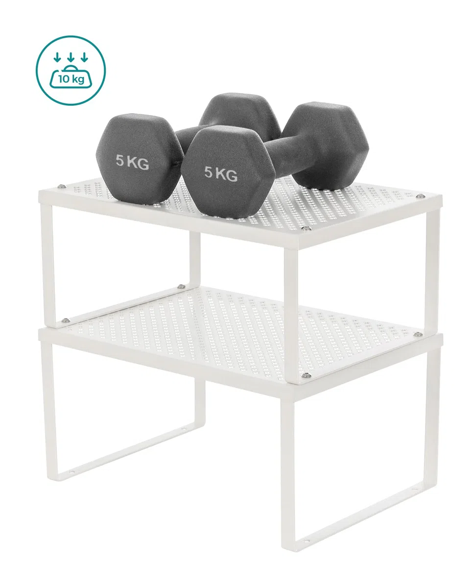 SONGMICS Scaffale Portaspezie, Set di 2 Organizzatori da Cucina Espandibili, Scaffale da Cucina Impilabile, Metallo, Bianco KCS01WT