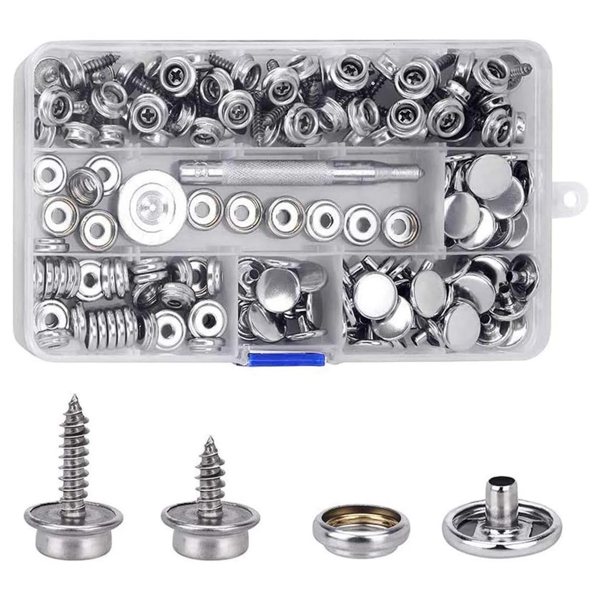 MMOBIEL Kit Bottoni a Pressione da 153 Pezzi Dispositivi di Chiusura a Pressione con Vite per Forti Sollecitazioni Marina 3/8 Pollice, 5/8 Incavo Compreso Strumento per Bottoni