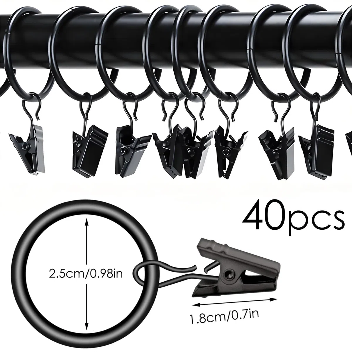40 Pezzi Anelli Tende con Clip, Metallo Ganci per Tende 25mm Diametro Interno, Anelli per Tende con Ganci, Nero