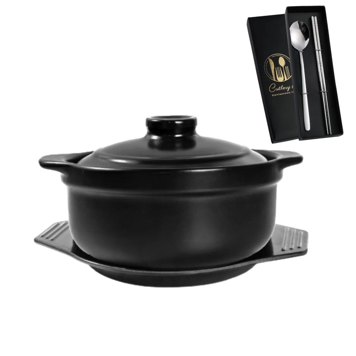 Ciotola in pietra coreana con coperchio e piatto, pentole in ceramica per cucinare pentole calde, riso, dolsot, bibimbap e zuppe, 1200 ml, include set di utensili
