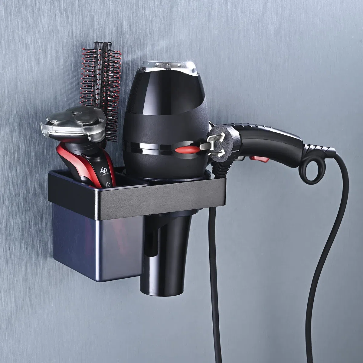 Porta Asciugacapelli da Parete, Alluminio Supporto per Asciugacapelli Senza Trapano con ABS Rack di Stoccaggio e Portacavo, Porta Phon Bagno per Riporre Piastra Capelli, 15 x 10.5 x 9 cm, Nero