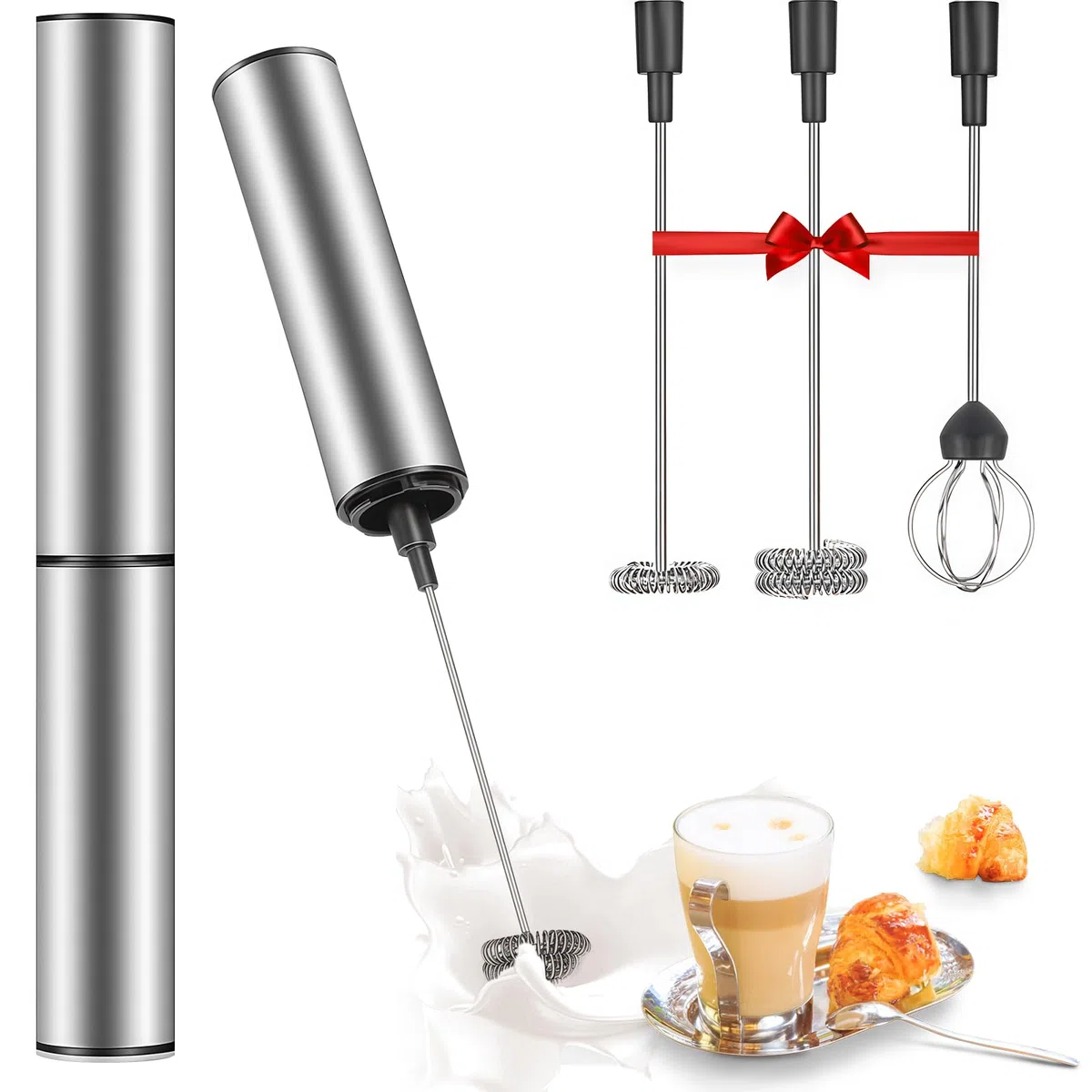 Frullino Montalatte Elettrico USB Ricaricabile, Montalatte Elettrico Cappuccino con 3 Accessori Intercambiabili, Doppia Frusta Portatile per Latte, Caffè, Macchina Schiuma Latte